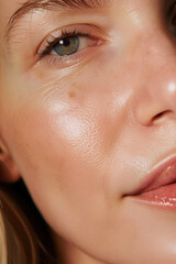 Naklejka premium Detailed Close-Up of a Young Woman in Her 30s with Glowing, Healthy Skin, Without Makeup