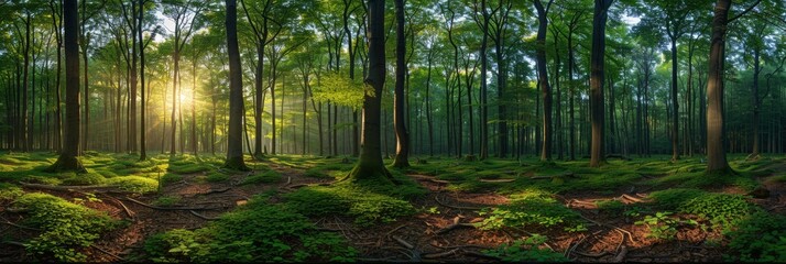 Fototapeta premium Panoramic photo of an enchanting forest, lush green trees with sunlight filtering through the canopy, vibrant and lively atmosphere, capturing the beauty of nature's tranquility