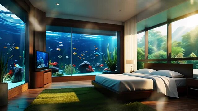 Modern interion of bedroom with aquarium, in smooth looping background with 4K video animation 