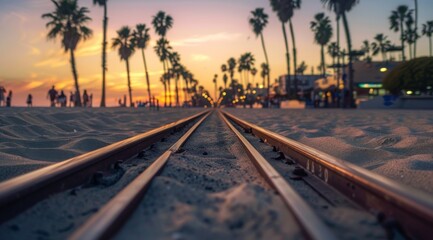 Obraz premium Photograph of a train on railroad tracks in Venice Beach, Los Angeles during the golden hour, with palm trees, sand and people in the background.