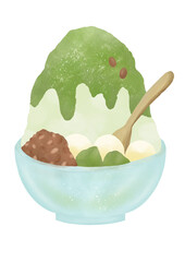 抹茶味のかき氷の水彩イラスト