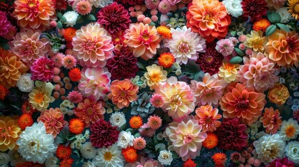 A vibrant and colorful wall full of beautiful flowers in various shades of red, orange, pink, and white, creating an eye-catching and visually appealing pattern.