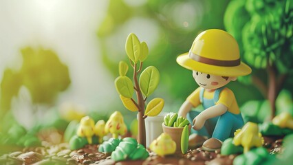 3D cartoon farmland planting seedlings potted green plants scene picture
