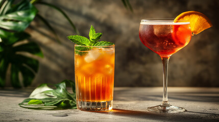 photograph of Summer cocktails on a concrete surface and a white background, hyper realistic. Cocktails are positioned on the right side of the frame leaving the left side empty.