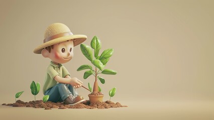 3D cartoon farmland planting seedlings potted green plants scene picture