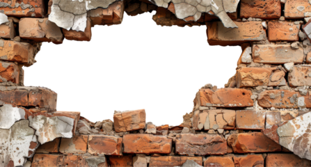 Hole in Red Brick Wall with Exposed Structure and Debris, cut out