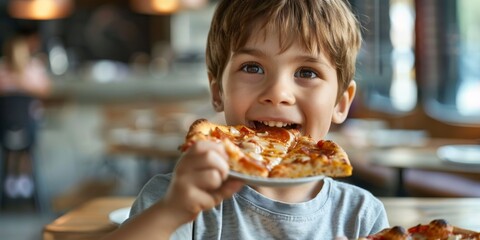 Close-Up of a Little Boy Eating Pizza at a Pizzeria, Capturing the Joy of Childhood. Perfect for Afternoon Tea, Festive Celebrations, National Day Promotions, Children's Day, and Food Enthusiasts. AI-
