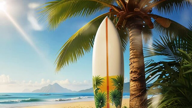 Beautiful tropical beach with surfboard, in smooth looping background with 4K video animation 