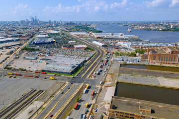 An aerial view downtown cityscape of Philadelphia, Pennsylvania, USA, as seen from Delaware River