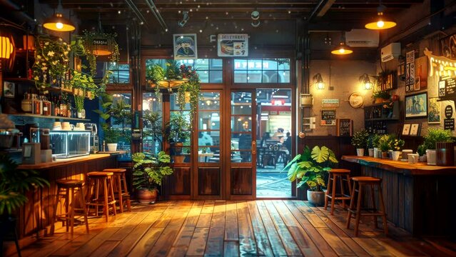 Inviting cafe interior with morning light and plants. Tranquil and cozy loop concept