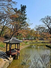Obraz premium Traditional Korean pavilion by the pond in the royal garden, Seoul
