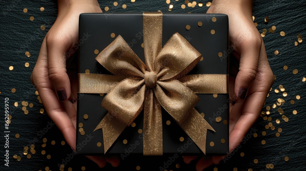 Wall mural Top view photo of woman hands holding black giftbox with gold ribbon bow and golden confetti on isolated black background, generative ai   - Wall murals