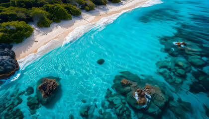 Obraz premium Drone view of crystal blue ocean and white sandy beach 