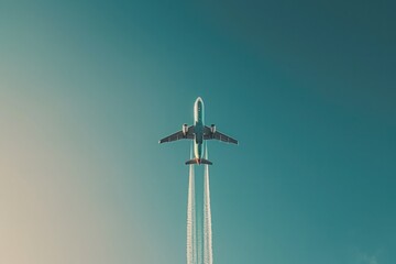 Airplane flight through blue sky