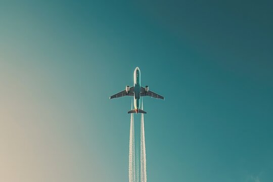 Airplane flight through blue sky