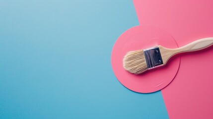 Renovated picture with blue background a single paintbrush on pink circle flat lay top view empty space