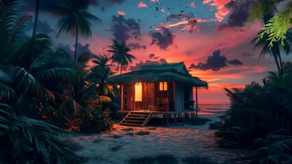 Tropical cabin at dusk with palm trees and vibrant sky. Peaceful evening retreat loop concept