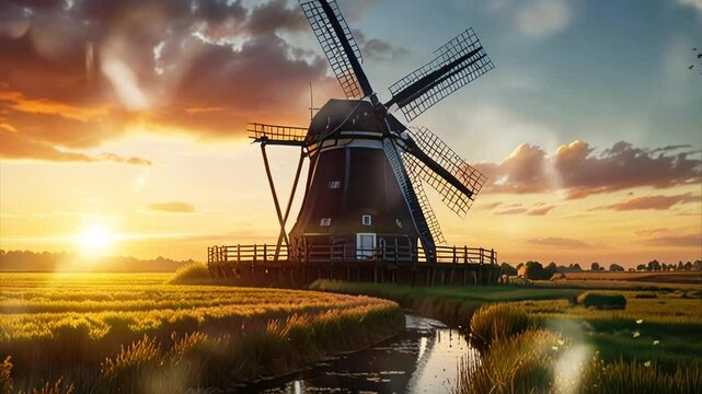 Giant Dutch xi windmill with beautiful flower garden view, in smooth looping background with 4K video animation.
