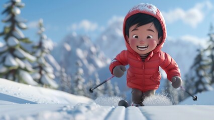 3D cartoon style children's skiing scene drawing