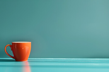 Bright Orange Coffee Mug on Turquoise Background with Minimalist Design and Vibrant Colors