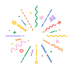 Confetti explosion vector line icon. Modern geometric starburst explosion. Colorful flat style radial confetti boom on white background. Vector illustration