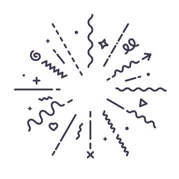 Confetti explosion vector line icon. Modern geometric starburst explosion. Creative black radial confetti boom on white background. Vector illustration