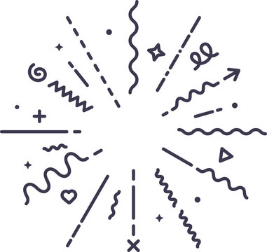 Confetti explosion vector line icon. Modern geometric starburst explosion. Creative black radial confetti boom on white background. Vector illustration