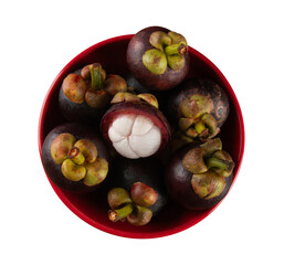Fresh mangosteen fruit in red bowl