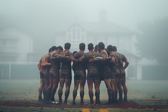 Rugby Team Huddle In Foggy Field