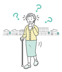徘徊し迷子になって焦っている高齢女性の全身イラスト

