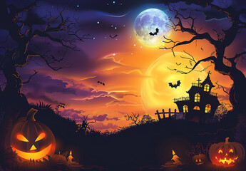 Halloween Scene - Party Of Pumpkins And Zombies In Graveyard At Moonlight - Contain Moon 3D Rendering - Unrecognizable, Deformed And Church with Reassembled Parts