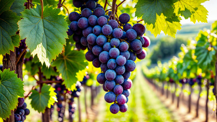 Naklejka premium Close-up view of purple grapes, sunny vineyard in the background - Generative AI