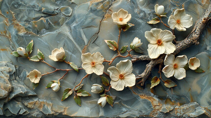 panel wall art, wall decoration, marble background with flowers designs
