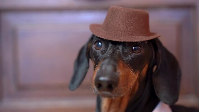 Proud profile of elegant dachshund dog in stylish hat, seductively turns head, winks with calm face Art of seduction, pickup, dating sites Romantic gigolo, swindler Ad of dances, tango, theater skill