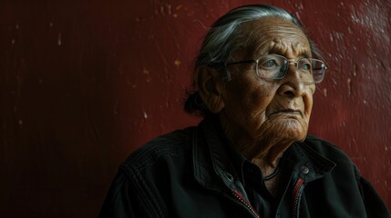 Fototapeta premium Elderly Gentleman in Stylish Black Jacket Sitting in Front of Vibrant Red Wall in Urban Setting