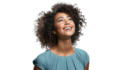 Portrait of happy African American woman smiling and looking up with afro hair, isolated on transparent background