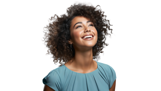 Portrait of happy African American woman smiling and looking up with afro hair, isolated on transparent background