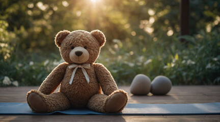 A serene scene of a teddy practicing yoga, embodying harmony and wellness through gentle stretches and mindful breathing, promoting a healthy and balanced lifestyle during pregnancy. 