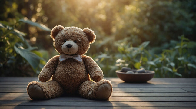 A serene scene of a teddy practicing yoga, embodying harmony and wellness through gentle stretches and mindful breathing, promoting a healthy and balanced lifestyle during pregnancy. 