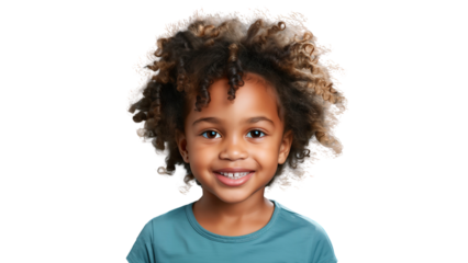 Smiling cute little African American boy with Afro hair, isolated on transparent background