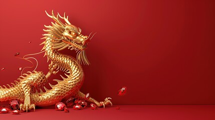 Fototapeta premium Golden Dragon with Red Gems on Red Background