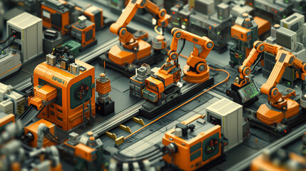 Fototapeta premium Image of a modern electronics factory bustling with activity, with robotic arms at various stages of the assembly process.