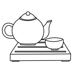 Vector illustration of a Chinese tea set, teapot and cup on a wooden tray for traditional tea drinking. Isolated on a white background, hand drawn.  Icon , element object . line doodle coloring
