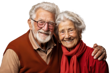 Portrait of happy elderly couple smiling together, isolated on transparent background