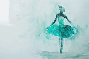 Obraz premium Watercolor drawing on a blank white canvas captures the beauty of a ballerina: Dark-skinned, wearing a vibrant turquoise tutu, standing against a pure and radiant background