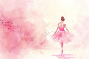 Fototapeta premium Watercolor illustration: A ballerina, dressed in pink, presents a serene stance with her back to the viewer, set against a gentle and light backdrop
