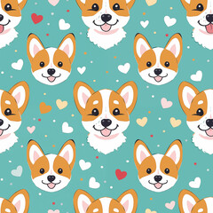 Fototapeta premium Corgi Dog Seamless Hearts Pattern Background for Fabric and Wallpaper