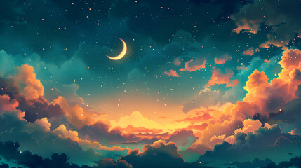 night sky with moon, Starry sky background with crescent moon and twinkling stars. The night sky is dark blue, with bright white stars