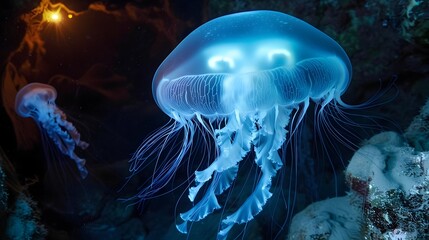 Obraz premium Glowing Jellyfish Illuminating the Depths of an Underwater Cave