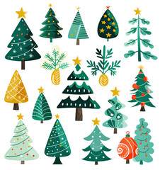 set of christmas trees on white, cartoon style